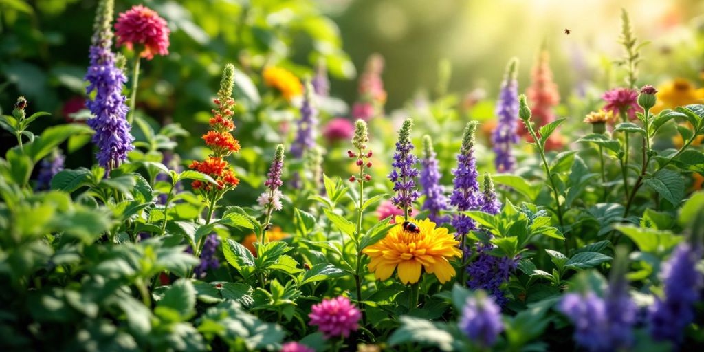 Jardin avec plantes et fleurs pour éloigner les ravageurs.