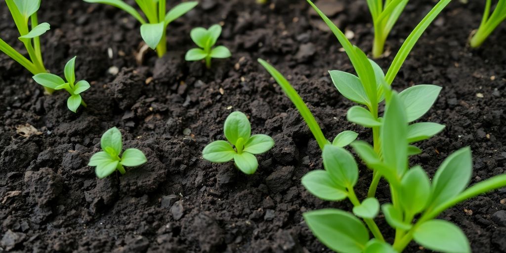 Sol fertile avec des plantes vertes en pleine croissance.