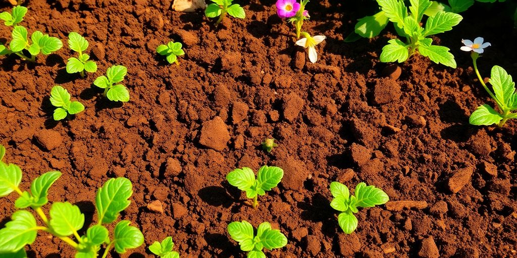 Sol fertile avec des plantes vertes luxueuses.