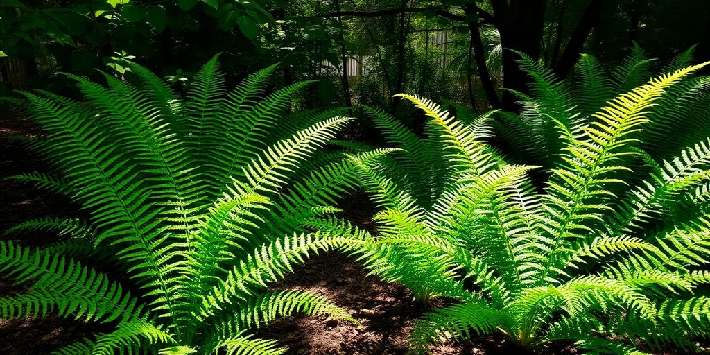 Fougères luxuriantes dans un jardin ombragé.