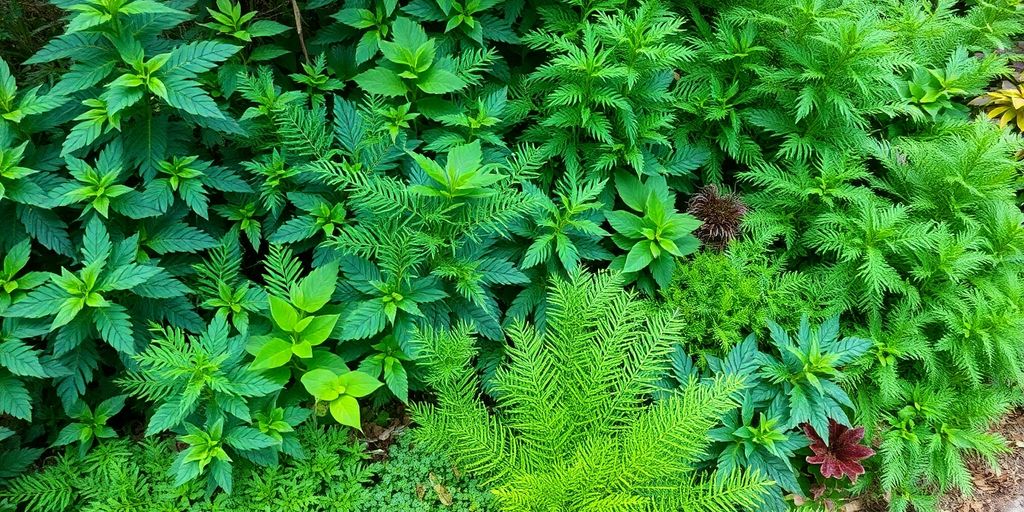 Plantes à feuillage persistant dans un jardin ombragé.