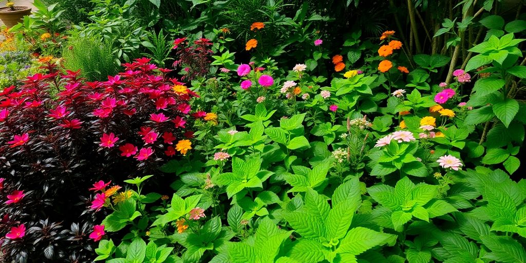 Plantes luxuriantes dans un jardin ombragé.