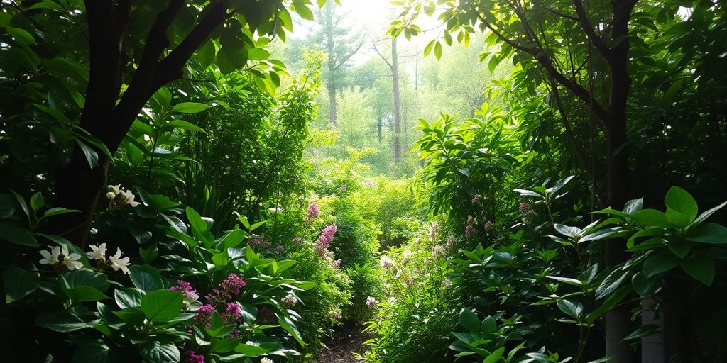 Un jardin ombragé avec des plantes vertes luxuriantes.