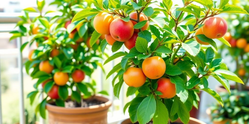 Arbres fruitiers en pot avec des fruits mûrs.