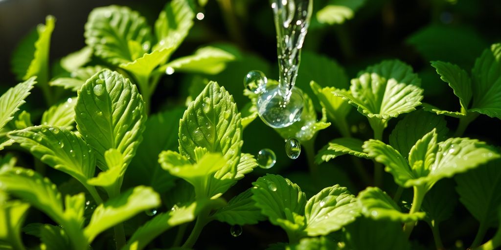 Des plantes vertes arrosées sous la lumière naturelle.