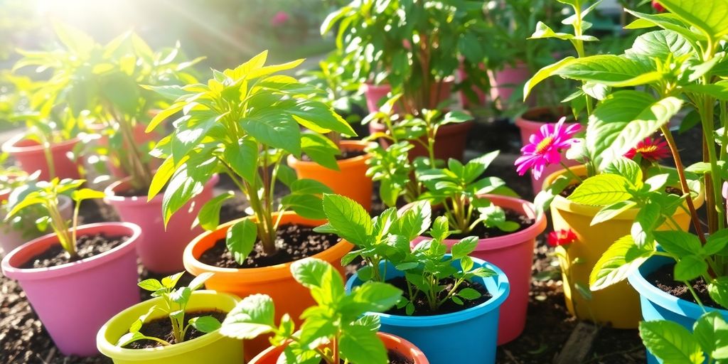 Plantes en pots colorés dans un jardin ensoleillé.