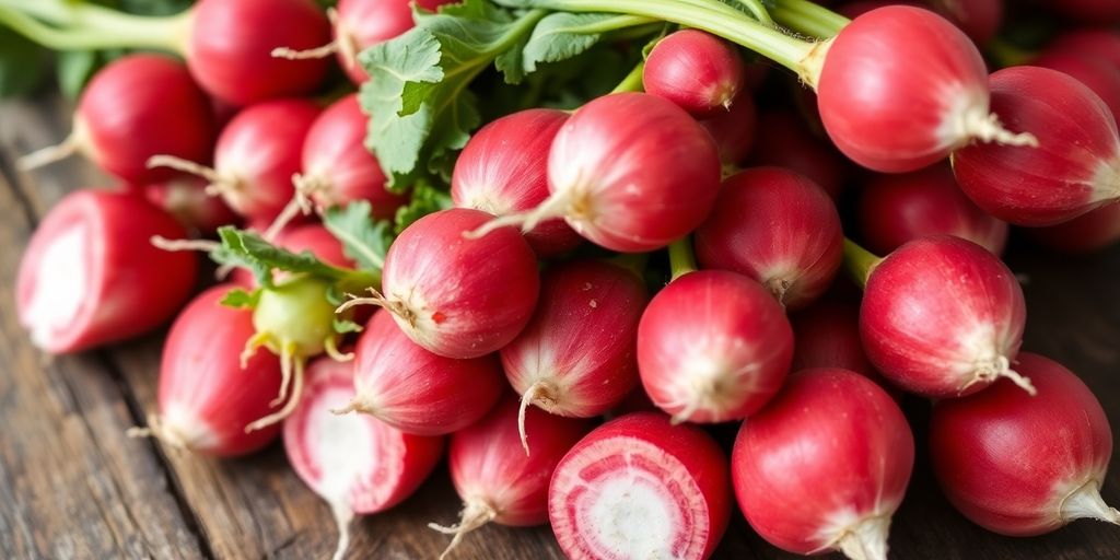 Radis rouges fraîchement récoltés sur une table en bois.