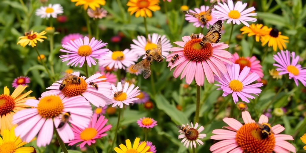 Jardin coloré attirant des abeilles et des papillons.