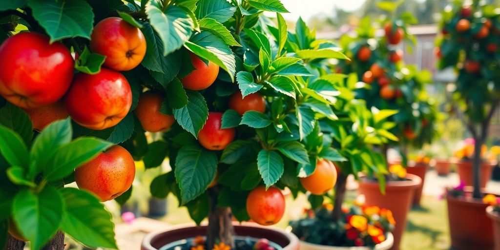 Des arbres fruitiers en pot avec des fruits mûrs.