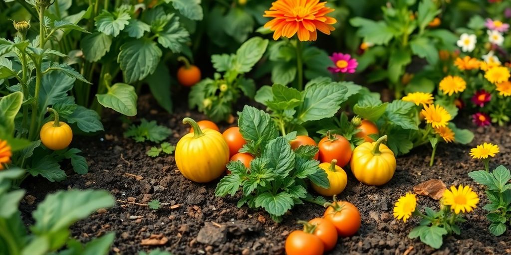 Un jardin avec des légumes et des fruits en pleine croissance.