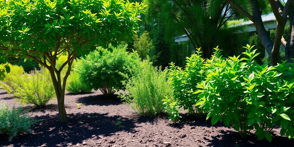 Des arbres et arbustes en bonne santé dans un jardin.