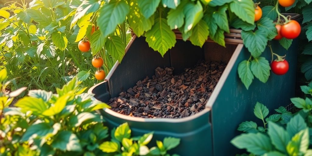 Bac à compost avec des plantes vertes et des légumes.