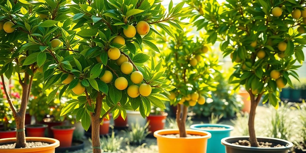 Des arbres fruitiers en pot avec des feuilles vertes.