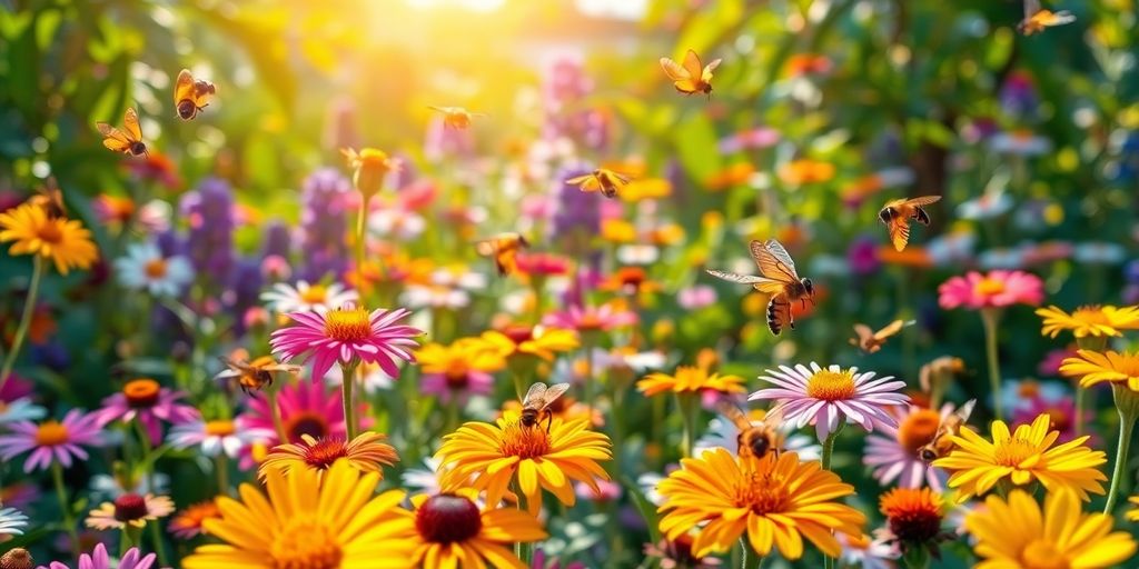 Fleurs colorées attirant des abeilles et des papillons.