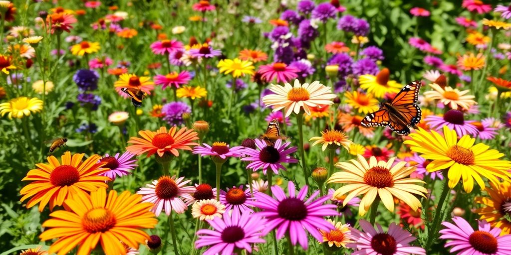 Fleurs colorées attirant des abeilles et des papillons.