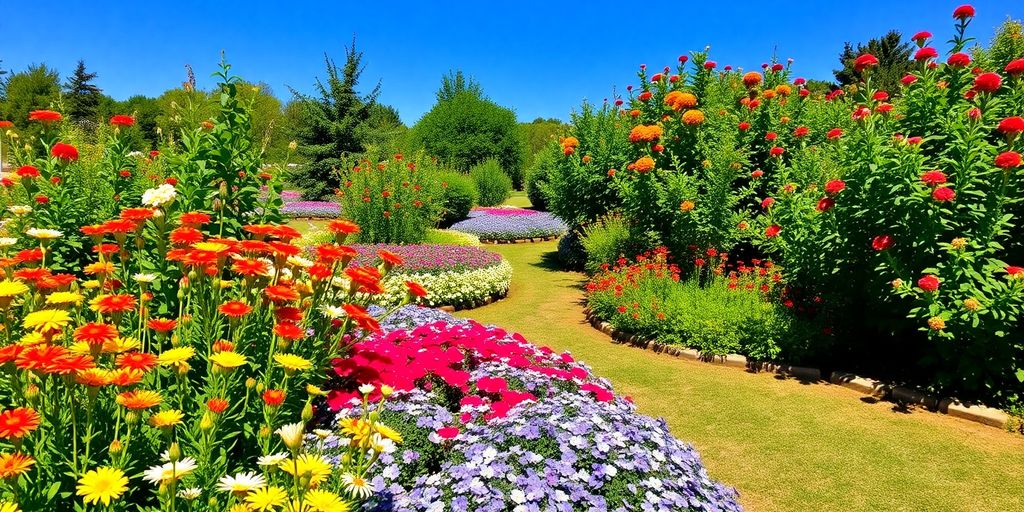 Un jardin fleuri coloré avec des fleurs et de la verdure.