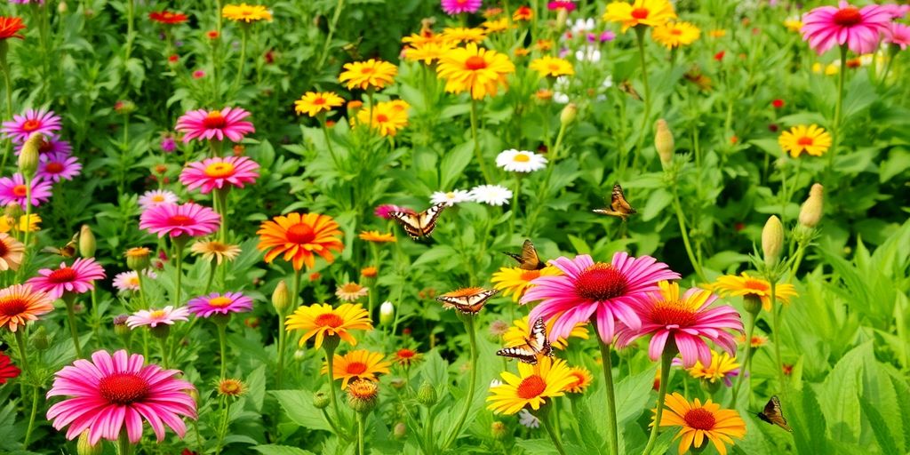 Jardin fleuri avec fleurs colorées et insectes pollinisateurs.