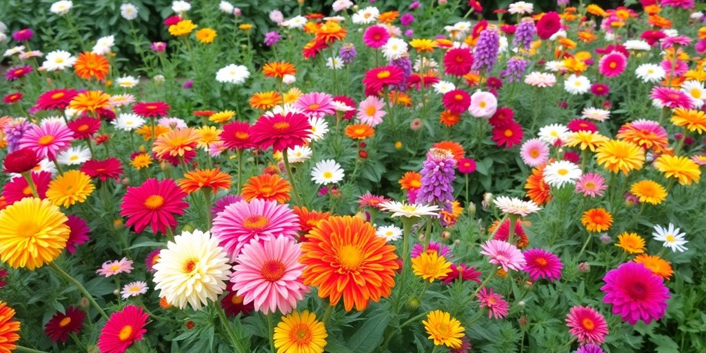 Un jardin fleuri coloré avec diverses fleurs en pleine floraison.