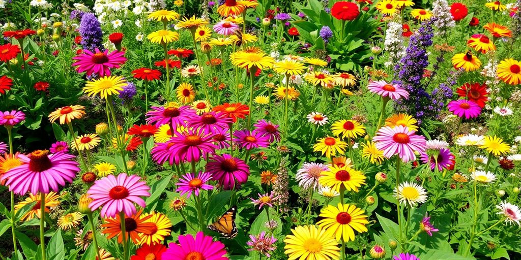 Un jardin coloré avec des fleurs et des insectes.