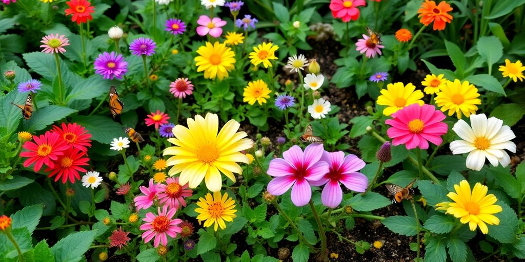 Un jardin diversifié avec des plantes et des insectes.