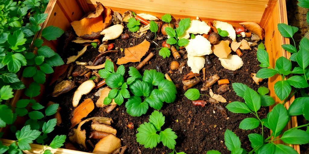 Compost maison avec déchets organiques et verdure.