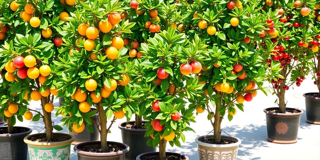 Variétés d'arbres fruitiers en pot dans un jardin.